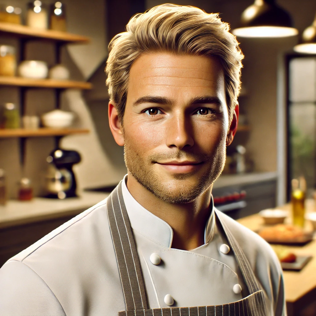 This image has an empty alt attribute; its file name is DALLE-2024-11-10-14.40.18-A-realistic-avatar-of-a-35-year-old-American-man-with-blonde-hair-wearing-professional-chefs-attire-standing-in-a-modern-kitchen.-The-man-has-a-fri.webp